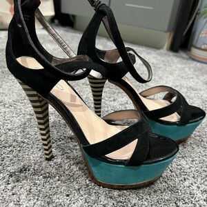 Aldo teal, black and white stripe heels